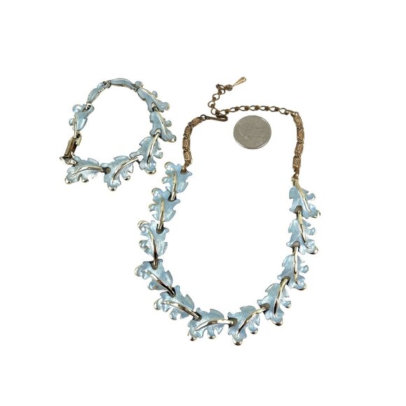 Retro Blue Leaf Enamel Necklace and Bracelet Set Parure 1950s - Picture 6 of 9